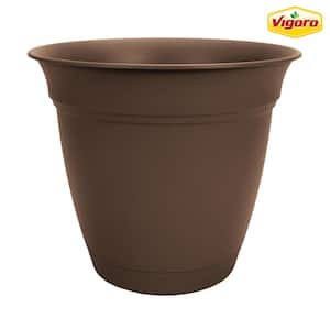 8 in. Mirabelle Small Chocolate Plastic Planter (8 in. D x 7 in. H) with Drainage Hole and Attached Saucer