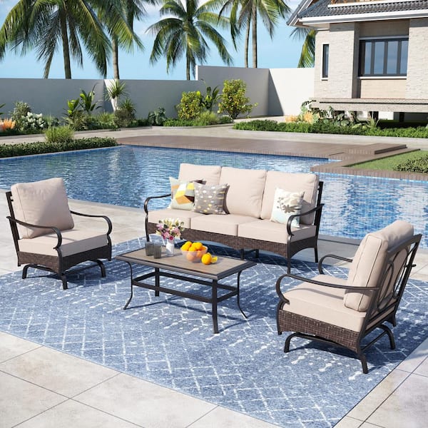 Brown Rattan 4-Piece 5 Seat Steel Outdoor Patio Conversation Set with Beige Cushions, Motion Sofas and Wood-Grain Table