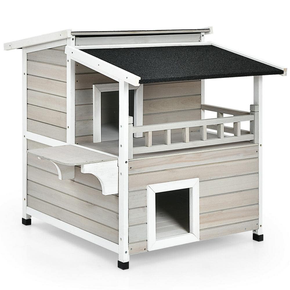 Gray and White 2-Story Wooden Outdoor Cat House with Balcony