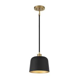 9 in. W x 9 in. H 1-Light Matte Black and Natural Brass Standard Pendant Light with Matte Black Metal Shade