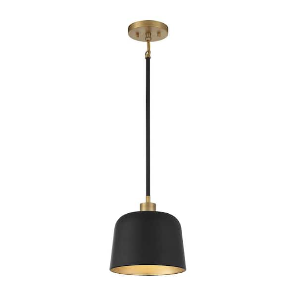 9 in. W x 9 in. H 1-Light Matte Black and Natural Brass Standard Pendant Light with Matte Black Metal Shade