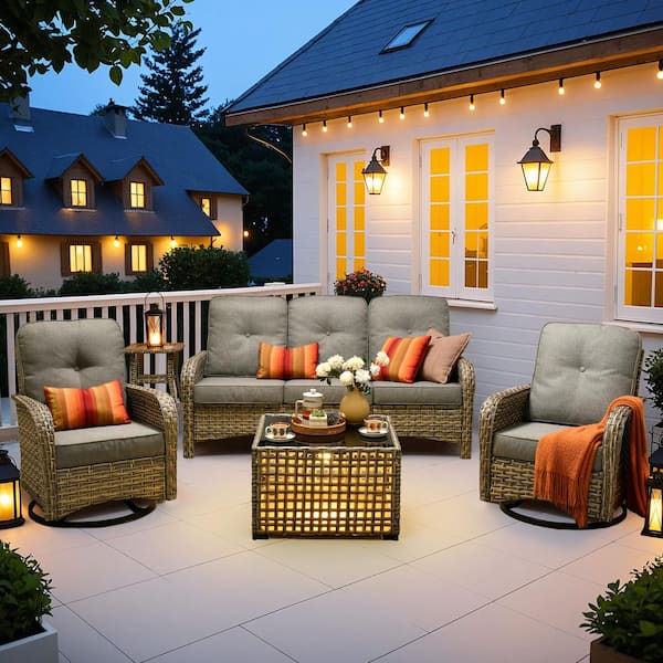 Ruby 5-Piece Wicker Outdoor Patio Conversation Sofa Set with Swivel Chairs, Solar-Light Table and Dark Grey Cushions