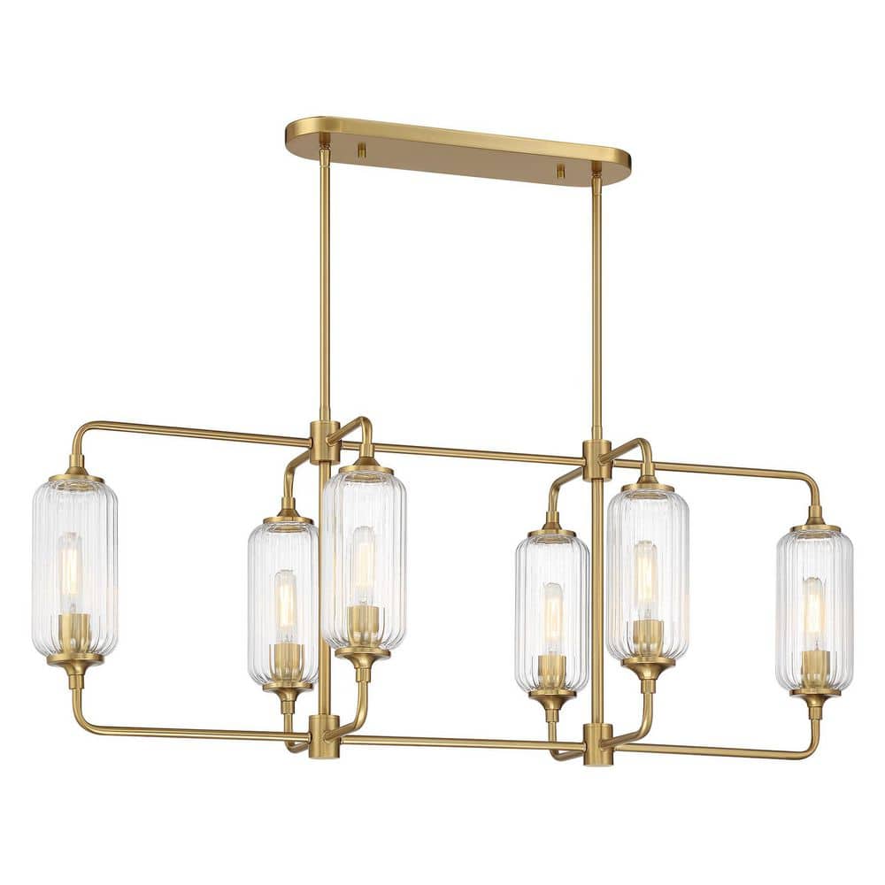 Holton 6-Light Warm Brass Industrial Contemporary Linear Chandelier with Clear Ribbed Glass Shades price history on PriceWatchPro