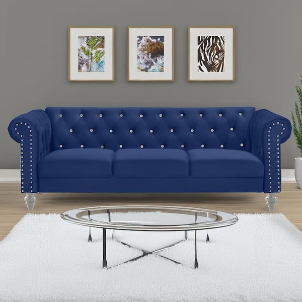 NEW CLASSIC HOME FURNISHINGS Emma 81 in. Rolled Arm Polyester Chesterfield Rectangle Tufted Back Sofa in. Royal Blue