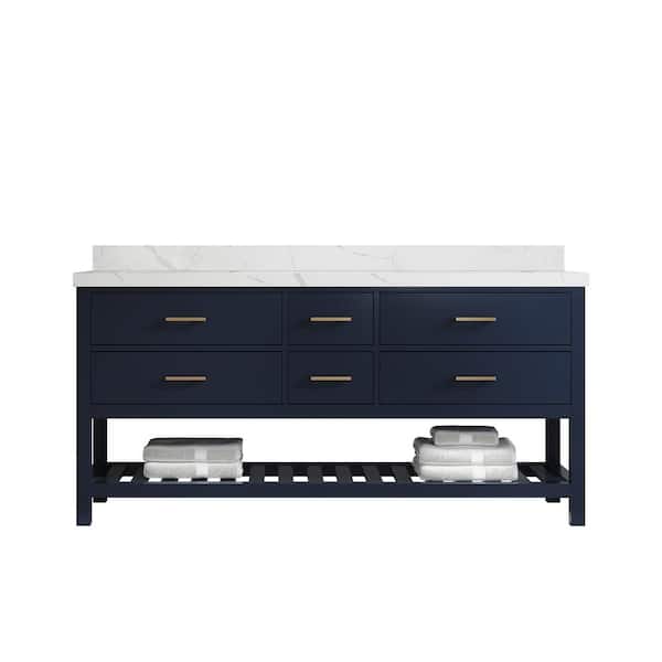 Willow Collections Parker 72 in.W x 22 in.D x 36 in. H Double Sink Bath Vanity in Navy Blue with 2 in.Calacatta Quartz Top