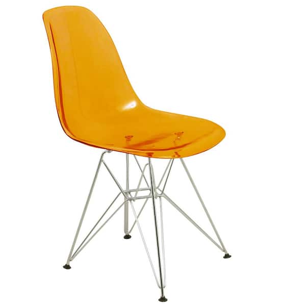Leisuremod Cresco Modern Plastic Molded Dining Side Chair With Eiffel Chrome Legs Transparent Orange