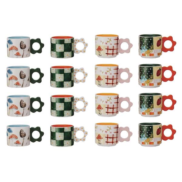 15 oz. Multicolor Stoneware Mug with Flower Handle (Set of 4)
