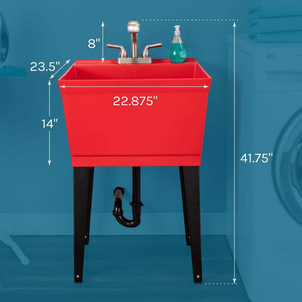 Red Thermoplastic Freestanding Laundry Sink with Stainless Faucet