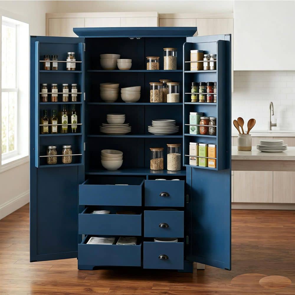 Noble House Sugar Blue Wood 72 in. H Freestanding Kitchen Pantry