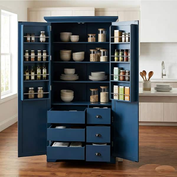 Sugar Blue Wood 72 in. H Freestanding Kitchen Pantry Cabinet with Adjustable Shelves and 6 Drawers
