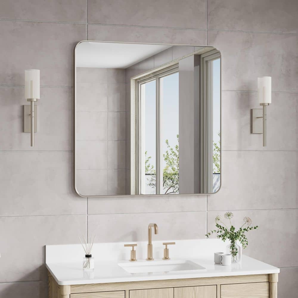 BELLA 36 in. W x 36 in. H Square Aluminum Framed Wall-Mounted Bathroom Vanity Mirror in Brushed Nickel price history on PriceWatchPro