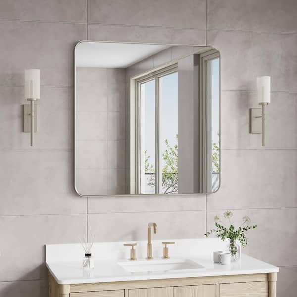 BELLA 36 in. W x 36 in. H Square Aluminum Framed Wall-Mounted Bathroom Vanity Mirror in Brushed Nickel