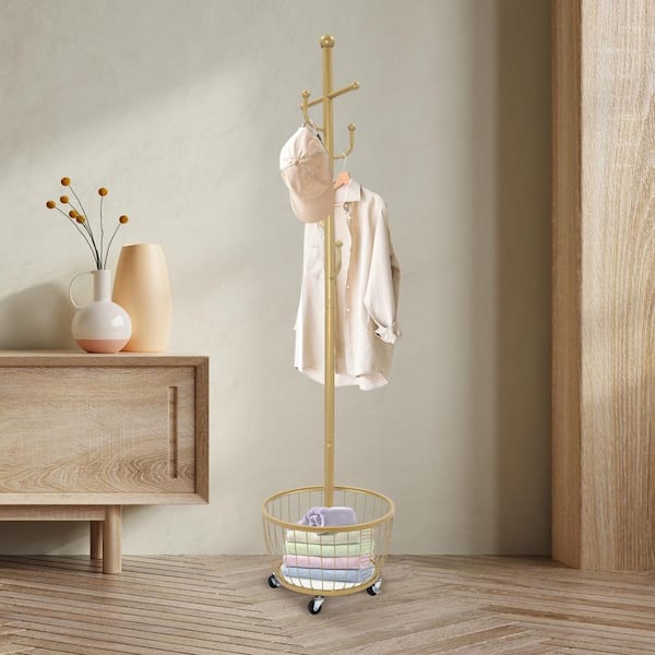 YIYIBYUS 66.14 in. H Gold Coat Rack Free Standing Coat Rack with Wheels and Storage Basket