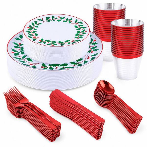 Christmas 150-Piece Disposable Style Red Green Plastic Dinnerware Set, Food-Grade BPA-Free, Sturdy Holiday Feast Plates