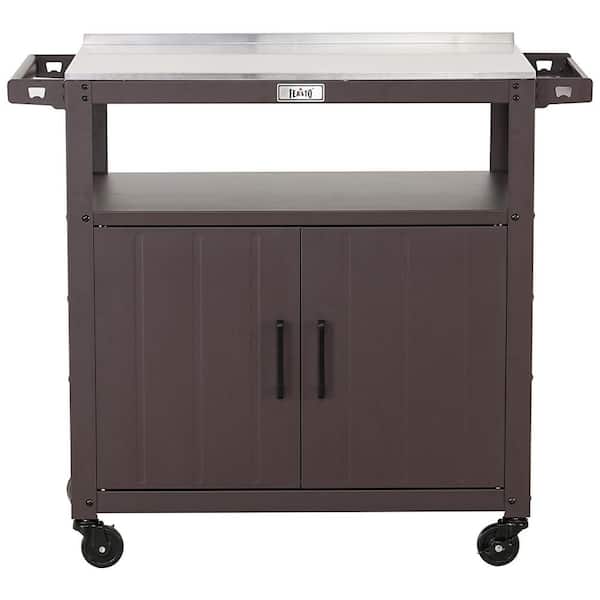 Outdoor Grill Cart with Stainless Steel Tabletop and Storage Cabinet in Brown