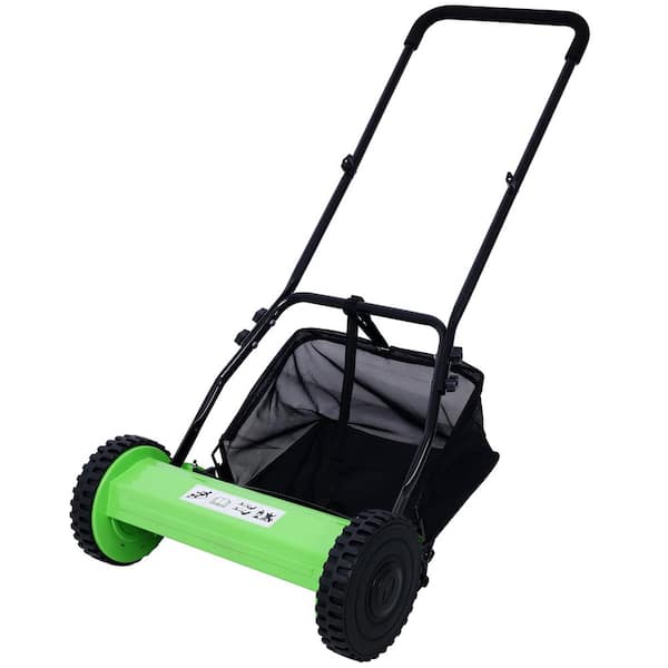 Green Steel 14-Inch 5-Blade Push Reel Lawn Mower with Grass Catcher