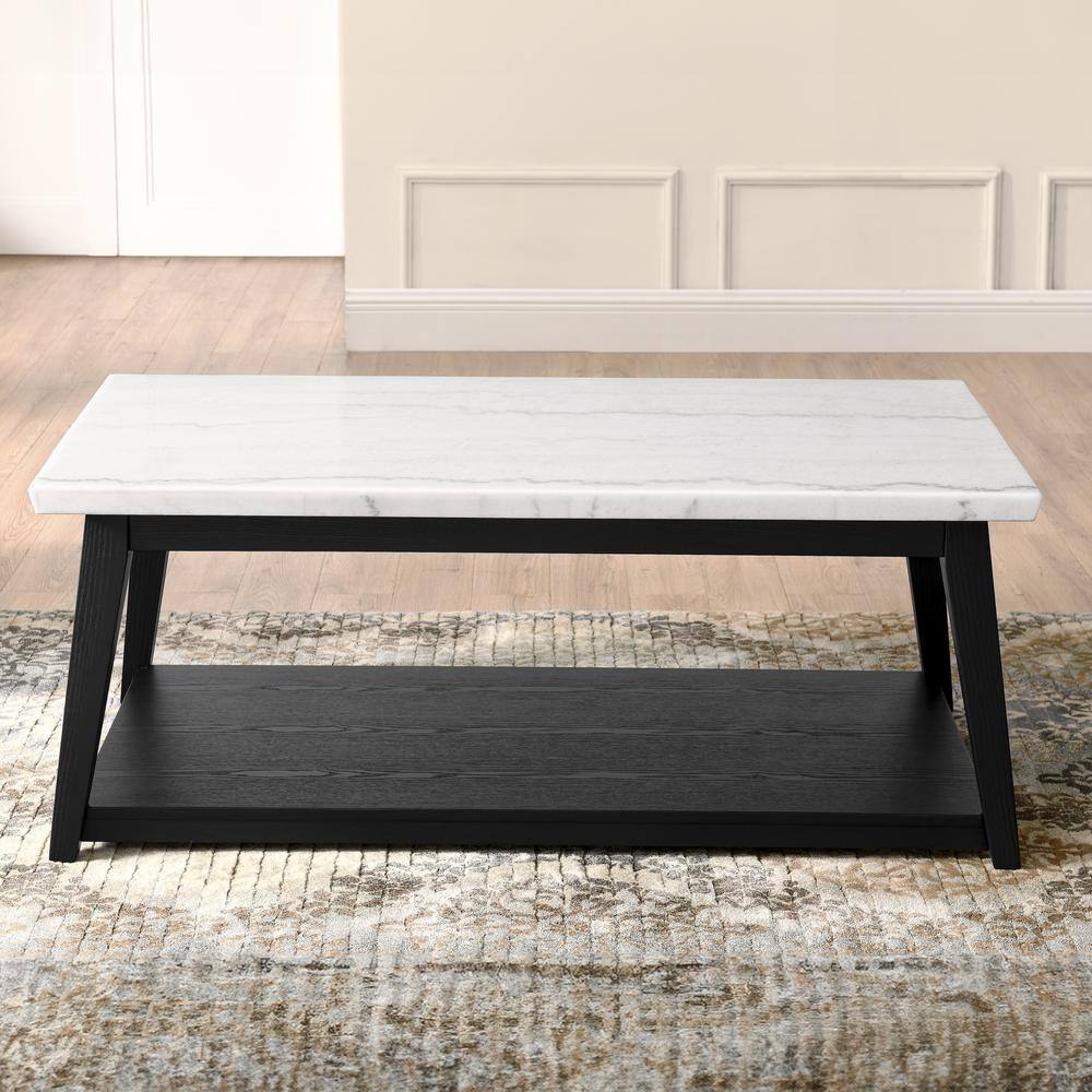 Vida 48" White Marble Top Black Wood Coffee Table