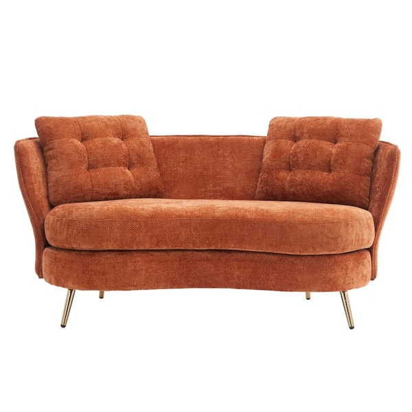 anpport 64.2 in. Orange Velvet 2-Seater Loveseat with Golden Legs and 2-Pillows