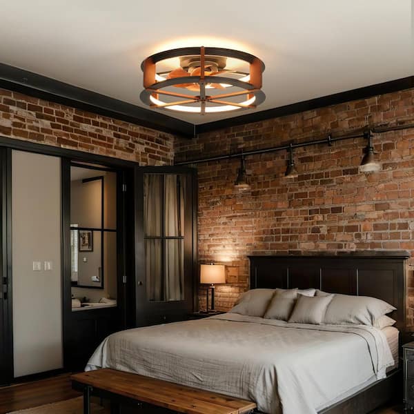 18.9 in. Modern Indoor Black Low Profile Caged Flush Mount Ceiling Fan Light with Integrated LED with Remote for Bedroom