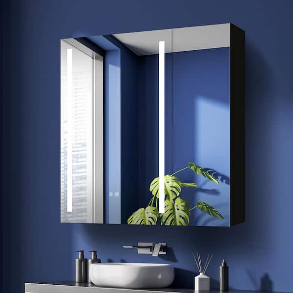 30 in. W x 30 in. H Rectangular Black Aluminum Surface Mount Defogging Lighted Bathroom Medicine Cabinet with Mirror