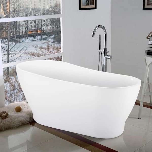 ANGELES HOME 63 in. Acrylic Single Slipper Flatbottom Freestanding Soaking Bathtub in Glossy White Overflow and Pop-up Drain