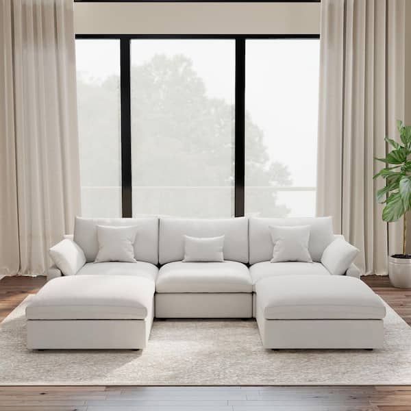119.2 in. Square Arm 5-Piece Linen U-Shaped Down Feather Modular Free Combination Sectional Sofa with Ottoman in White