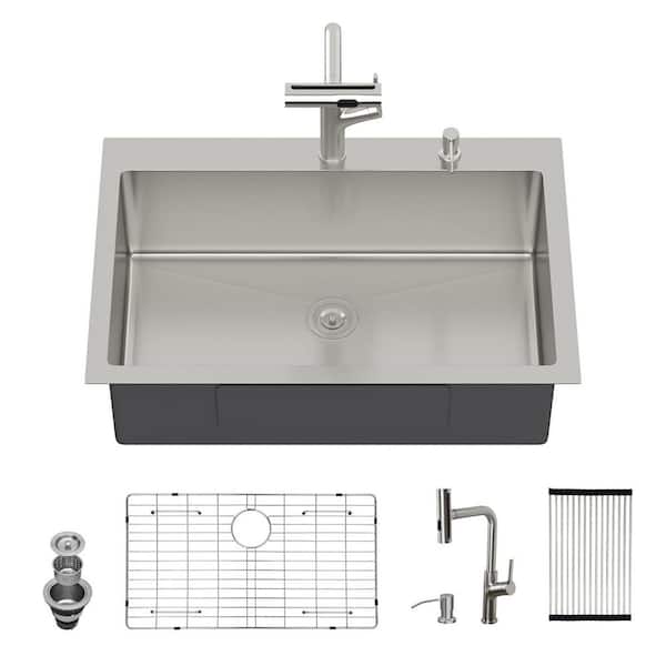 33 in. Drop-in Single Bowl 16 Gauge Brushed Nickel Stainless Steel Kitchen Sink with Pull-out Faucet and Soap Dispenser