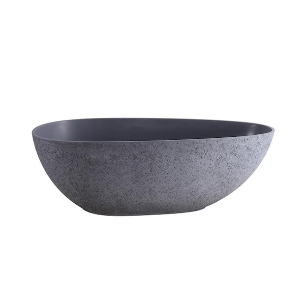 WELLFOR 65.16 in. x 33.27 in. Soaking Bathtub with Center Drain in Cement Gray Freestanding Solid Surface Bathtub with Overflow
