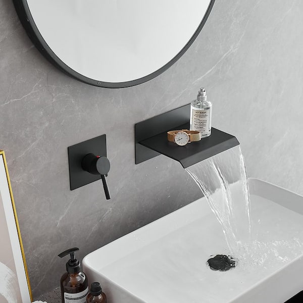 Single Handle Wall Mount Spout Waterfall Bathroom Faucet in Matte Black