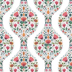 Rose Pink and Spruce Floral Ogee Vinyl Peel and Stick Wallpaper Roll (30.75 sq. ft.)