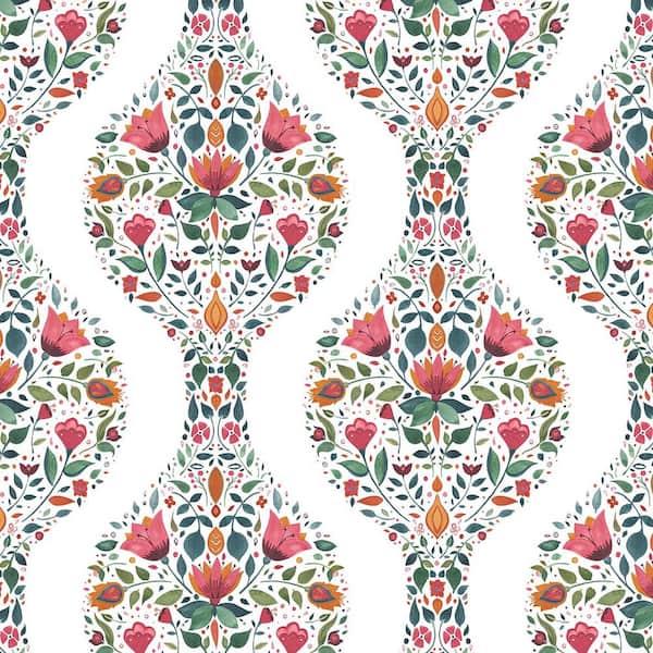 NextWall Rose Pink and Spruce Floral Ogee Vinyl Peel and Stick Wallpaper Roll (30.75 sq. ft.)