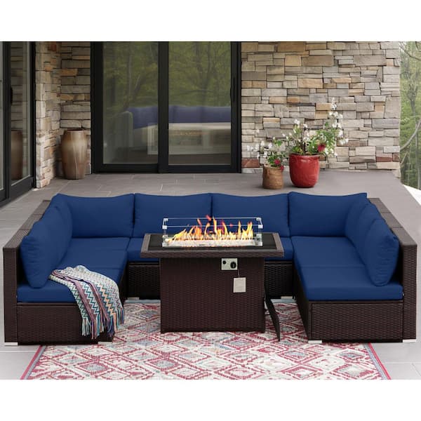FINCATI Large Size 9-Pieces Espresso Wicker Patio Conversation Deep Seating Sectional Sofa Set with Fire Pit and Blue Cushions