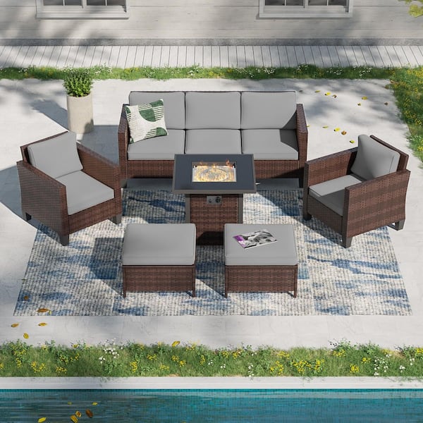 Sonkuki 6-Pieces Patio Conversation Set with Square Fire Pit Table and Ottomans, PE Brown Wicker Sofa with Gray Cushion