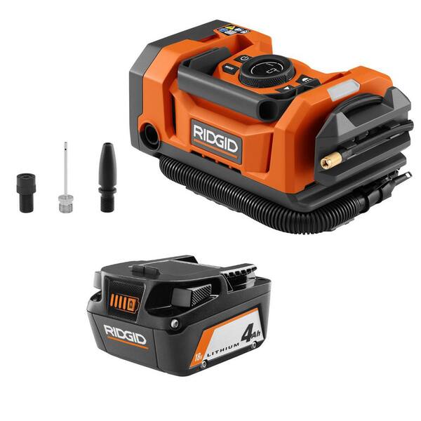 18V Dual Function Cordless Inflator w/ Valve Adaptor, Needle, Nozzles, 12V Power Cord, & 18V Lithium-Ion 4.0 Ah Battery