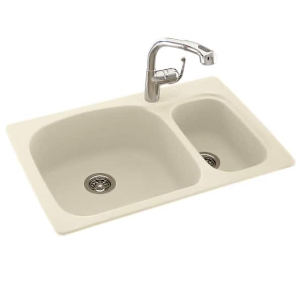 Swan Drop-In/Undermount Solid Surface 33 in. 1-Hole 70/30 Double Bowl Kitchen Sink in Bone