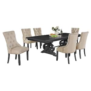 Jade 7-Piece Rectangle Gray Dining Set with Beige Linen Fabric.
