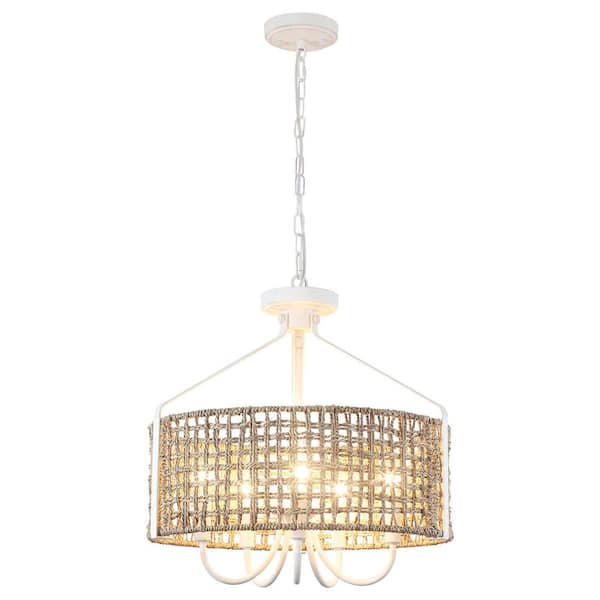 5-Light Distressed White Modern Chandelier with Seagrass Lampshade Coastal Hanging Light Fixture for Living Room