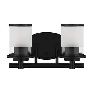 Truitt 14.2 in. 2-Light Matte Black Modern Transitional Vanity with Clear and Frosted Glass Shades