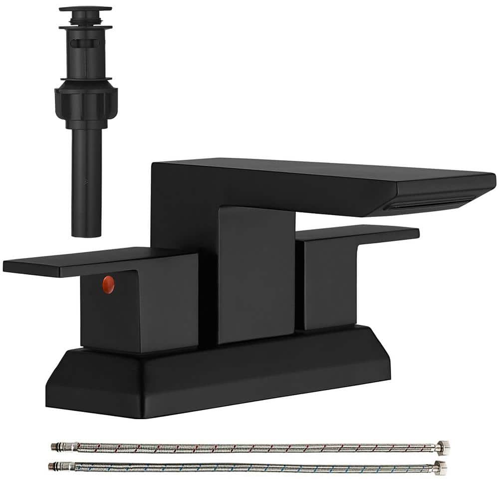 4 in. Centerset 2-Handle Waterfall Bathroom Faucet with Pop up Drain Kit and Supply Hose in Matte Black price history on PriceWatchPro
