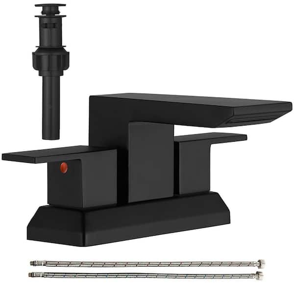 BESy 4 in. Centerset 2-Handle Waterfall Bathroom Faucet with Pop up Drain Kit and Supply Hose in Matte Black
