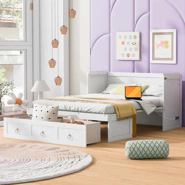 White Wood Frame Queen Size Murphy Bed with Drawer and USB Ports