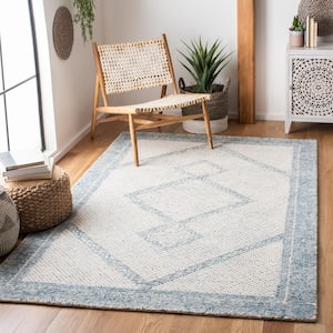 Abstract Ivory/Blue 6 ft. x 6 ft. Geometric Border Square Area Rug