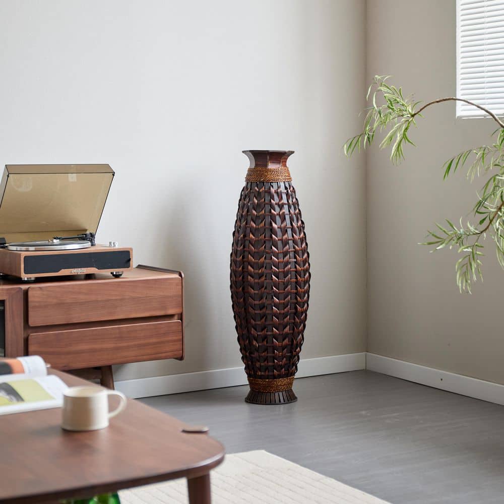 Tall Black Bamboo Floor Vase with Wicker Woven Design, 39 Inches High