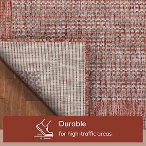 Medusa Odin Coral 9 ft. 3 in. x 12 ft. 6 in. Solid and Striped Border Indoor Outdoor Distressed Flat Weave Area Rug