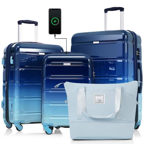 Merax 4-Piece Gradient Blue Expandable PC and ABS Hardshell Spinner Luggage Set with Travel Bag, USB Port, Cup Holders, Hooks