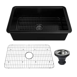 32 in. Undermount Single Bowl Black Fine Fireclay Kitchen Sink with Bottom Grid and Strainer Basket