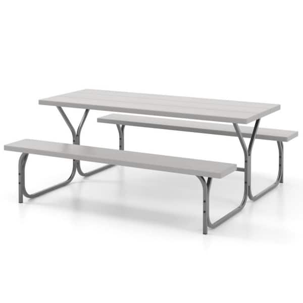 Clihome 3-Piece Gray Metal Outdoor 6 ft. Dining Picnic Table Bench Set with HDPE Tabletop for 8 Person