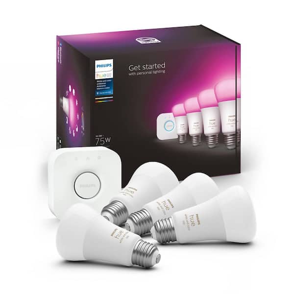 Philips Hue 75-Watt Equivalent A19 Smart Wi-Fi LED Color Changing Light Bulb Starter Kit (4 Bulbs and Bridge)