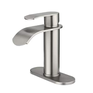 Single Handle Single Hole Waterfall Spout Bathroom Faucet with Deckplate Included in Brushed Nickel