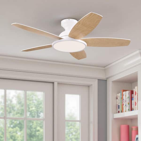 42 in. Integrated LED White Natural Woodgrain Low Profile Flush Mount Modern Standard Ceiling Fan with Light and Remote